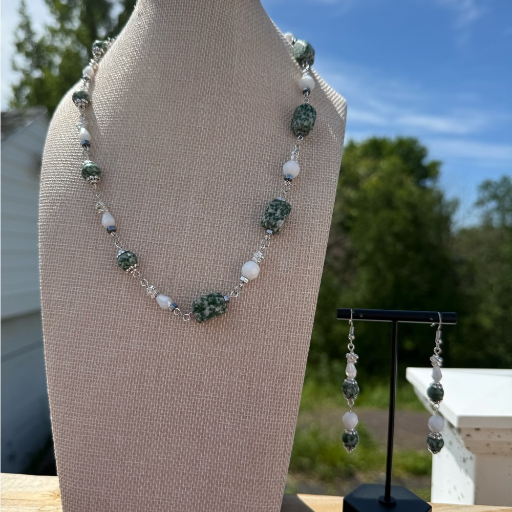 Green Tree Agate and White Milk Glass Beaded Necklace & Earrings Set